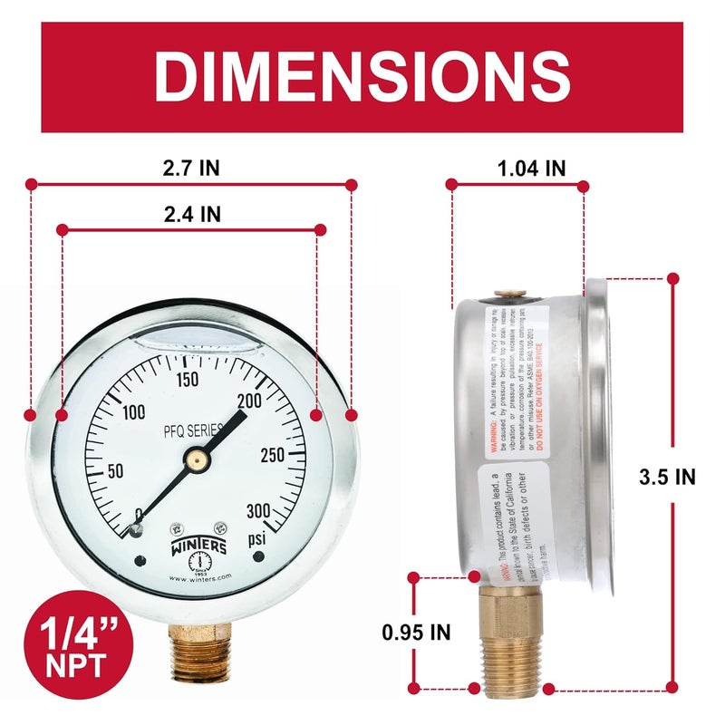 Winters Instruments Winters 2-1/2" Dial Size, Liquid Filled Industrial Pressure Gauge, Brass Internals, 304 Stainless Steel Case, Single Scale 0-300 psi, 1.5% Acc, 1/4" NPT Bottom Mount, Glycerin Filled Pressure Gauge - Image 3